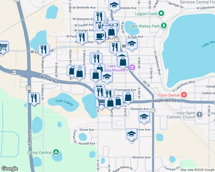 map of restaurants, bars, coffee shops, grocery stores, and more near 110 East Polk Avenue in Lake Wales