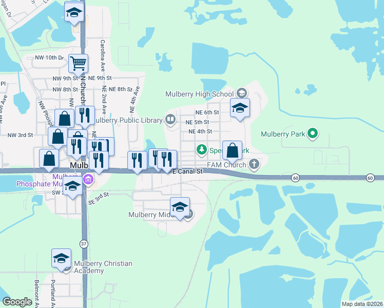 map of restaurants, bars, coffee shops, grocery stores, and more near 108 Northeast 10th Avenue in Mulberry