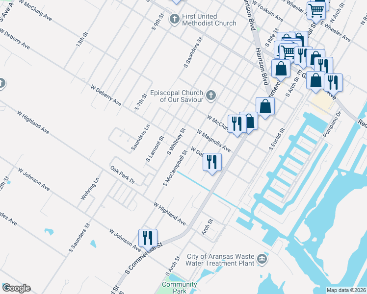 map of restaurants, bars, coffee shops, grocery stores, and more near 1125 South McCampbell Street in Aransas Pass