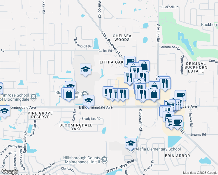 map of restaurants, bars, coffee shops, grocery stores, and more near 2150 Bloomingdale Avenue in Brandon