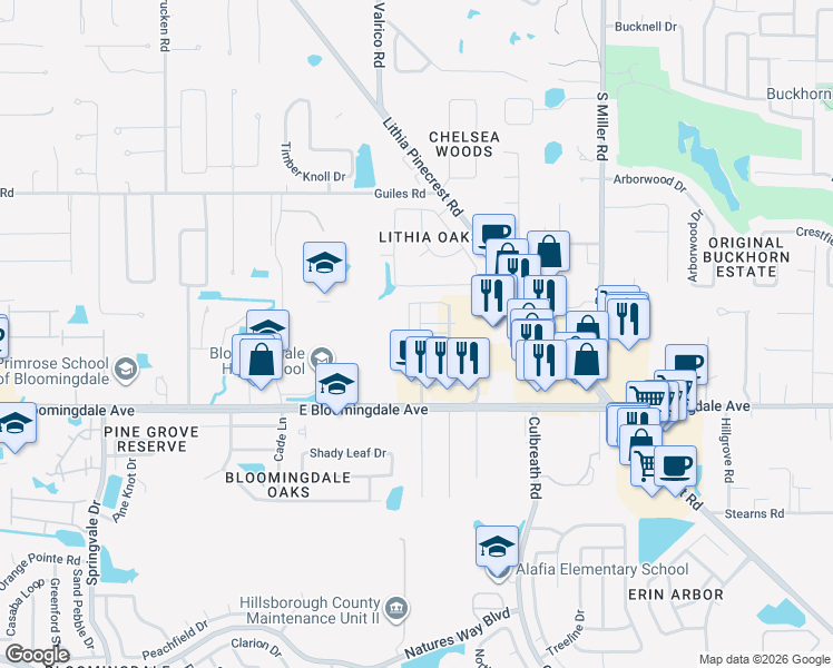 map of restaurants, bars, coffee shops, grocery stores, and more near 3278 Tybee Square Boulevard in Valrico
