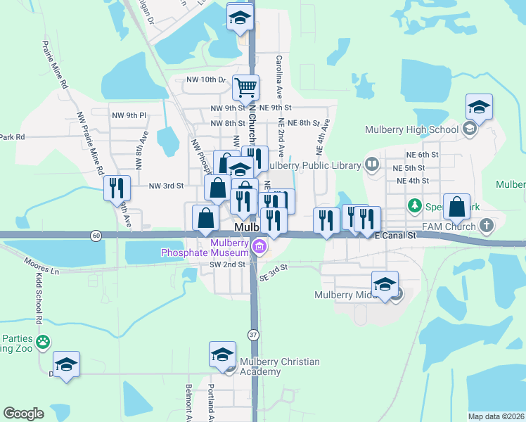 map of restaurants, bars, coffee shops, grocery stores, and more near in Mulberry
