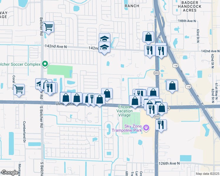 map of restaurants, bars, coffee shops, grocery stores, and more near 305 Glades Circle in Largo
