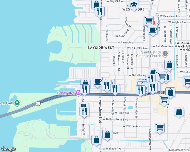 map of restaurants, bars, coffee shops, grocery stores, and more near 30 3rd Boulevard in Tampa