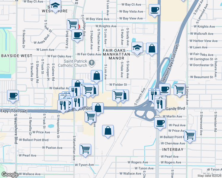map of restaurants, bars, coffee shops, grocery stores, and more near 4105 West Oakellar Avenue in Tampa