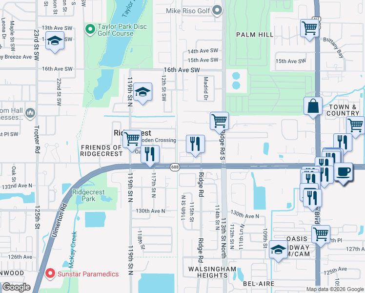 map of restaurants, bars, coffee shops, grocery stores, and more near 11479 Ulmerton Road in Largo
