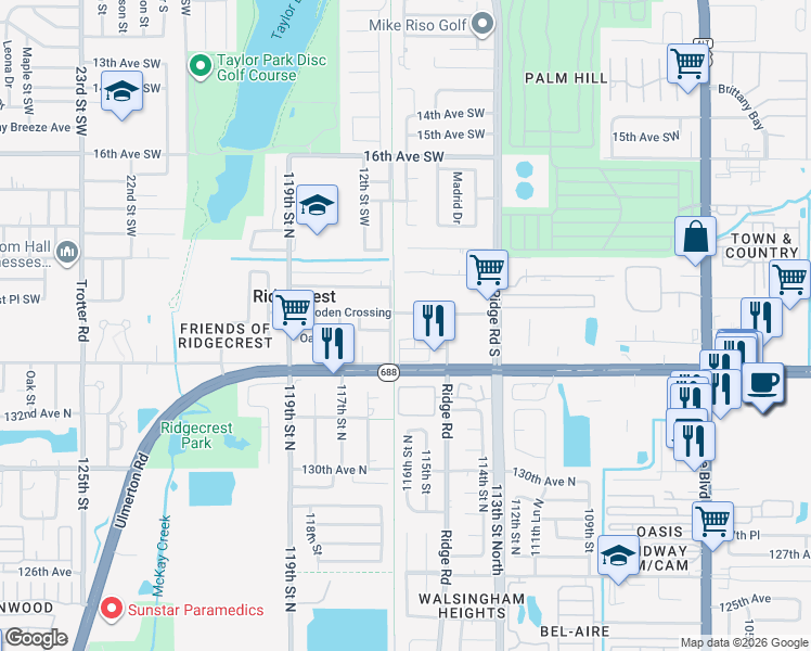 map of restaurants, bars, coffee shops, grocery stores, and more near 11479 Ulmerton Road in Largo