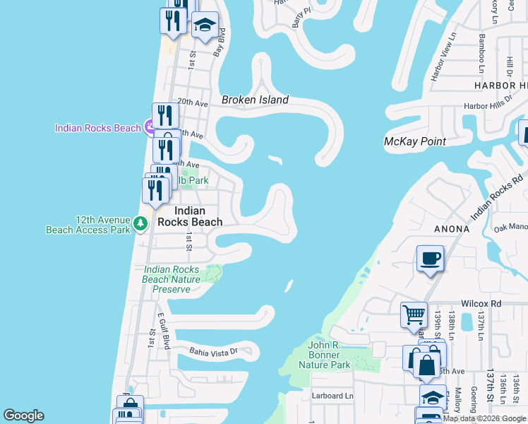 map of restaurants, bars, coffee shops, grocery stores, and more near 336 12th Avenue South in Indian Rocks Beach