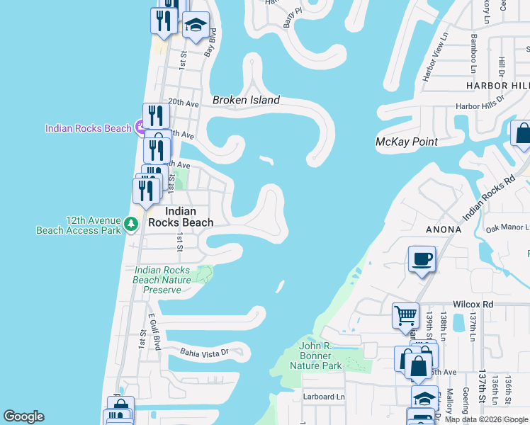 map of restaurants, bars, coffee shops, grocery stores, and more near 336 12th Avenue South in Indian Rocks Beach
