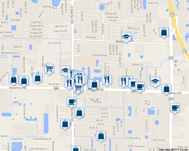 map of restaurants, bars, coffee shops, grocery stores, and more near 7501 Ulmerton Road in Largo
