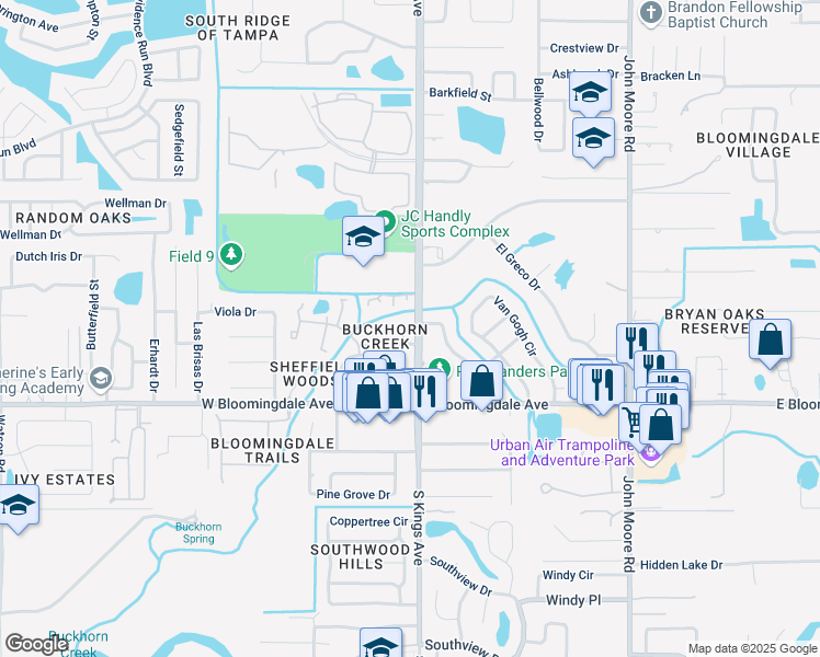 map of restaurants, bars, coffee shops, grocery stores, and more near 3211 Doe Court in Brandon
