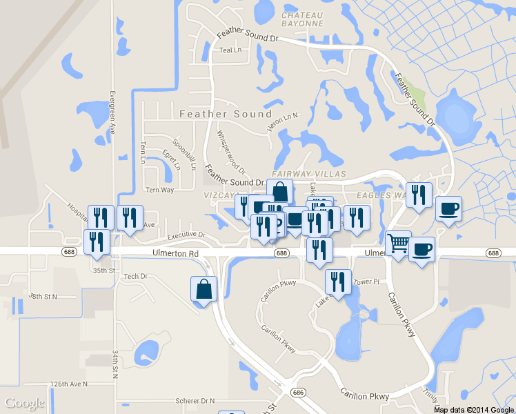 map of restaurants, bars, coffee shops, grocery stores, and more near 13621 Feather Sound Circle East in Clearwater