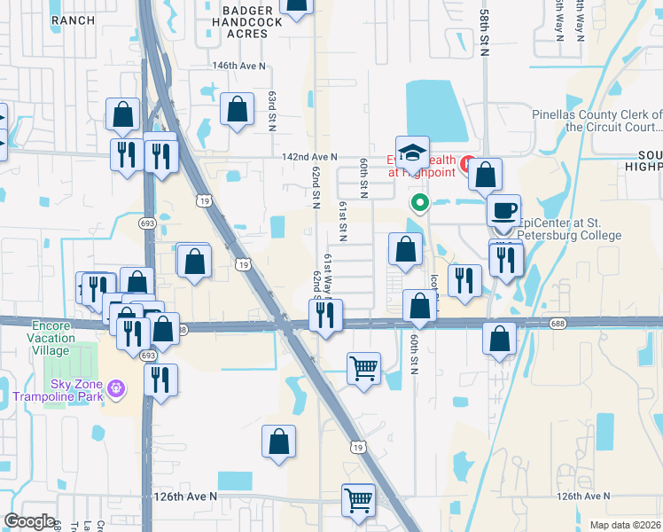 map of restaurants, bars, coffee shops, grocery stores, and more near 13734 61st Way North in Clearwater