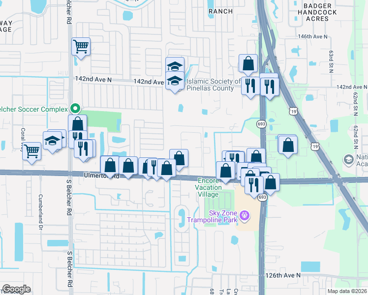 map of restaurants, bars, coffee shops, grocery stores, and more near 96 Glades Circle in Largo