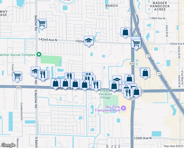map of restaurants, bars, coffee shops, grocery stores, and more near 96 Glades Circle in Largo