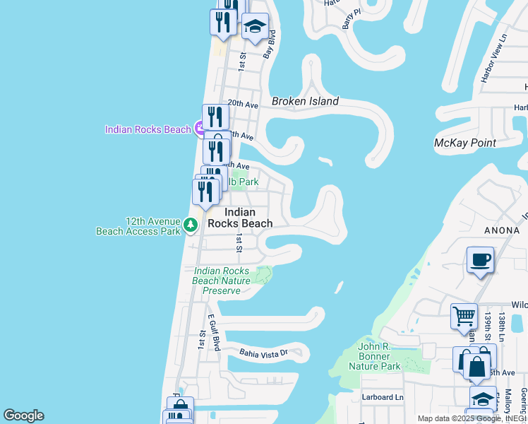 map of restaurants, bars, coffee shops, grocery stores, and more near 1404 Bay Pine Boulevard in Indian Rocks Beach