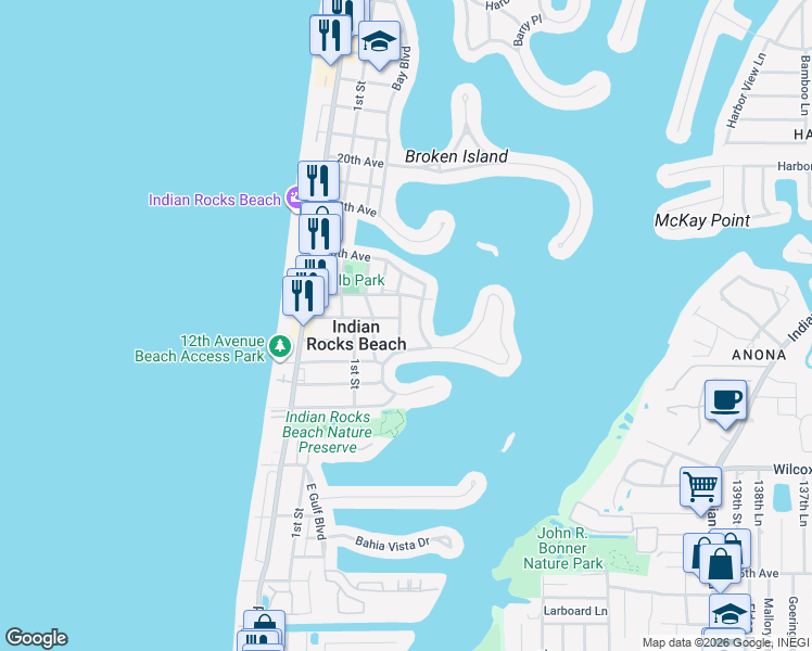 map of restaurants, bars, coffee shops, grocery stores, and more near 1404 Bay Pine Boulevard in Indian Rocks Beach