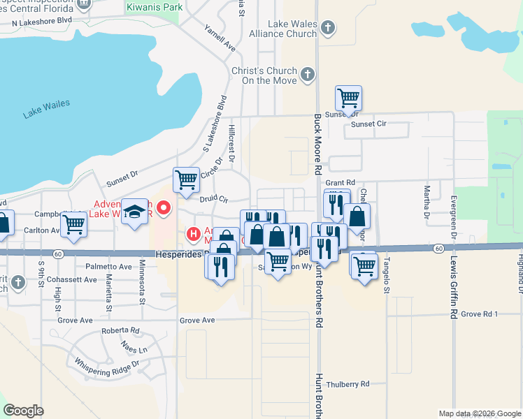 map of restaurants, bars, coffee shops, grocery stores, and more near 1433 Thousand Roses Avenue West in Lake Wales