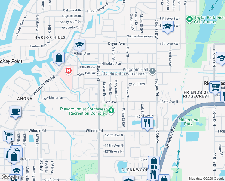 map of restaurants, bars, coffee shops, grocery stores, and more near 2225 Nellie Street in Largo