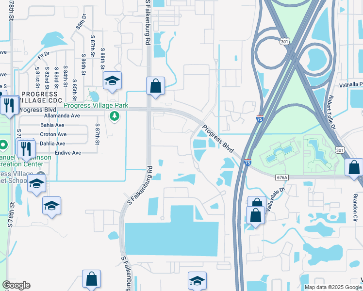 map of restaurants, bars, coffee shops, grocery stores, and more near 9104 Canopy Oak Lane in Riverview