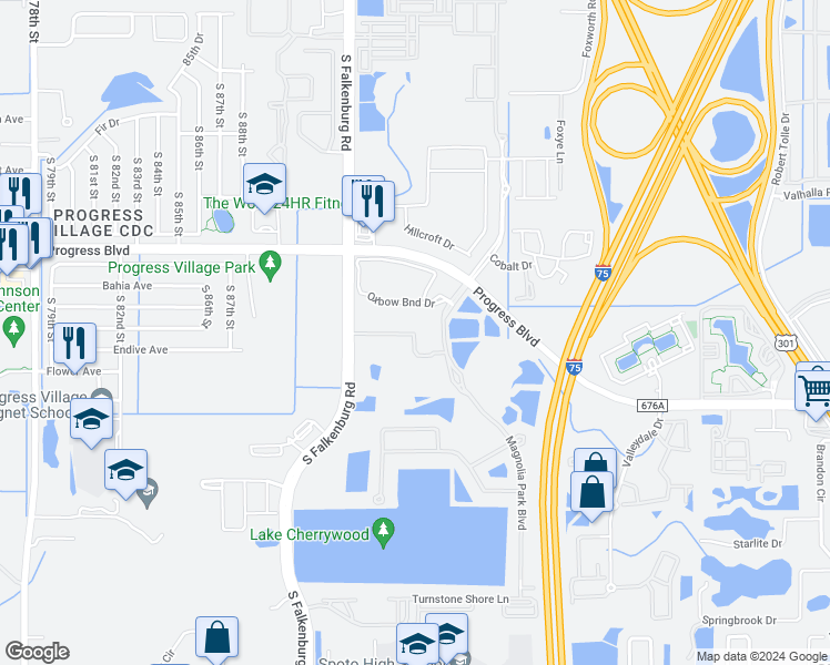 map of restaurants, bars, coffee shops, grocery stores, and more near 9104 Canopy Oak Lane in Tampa