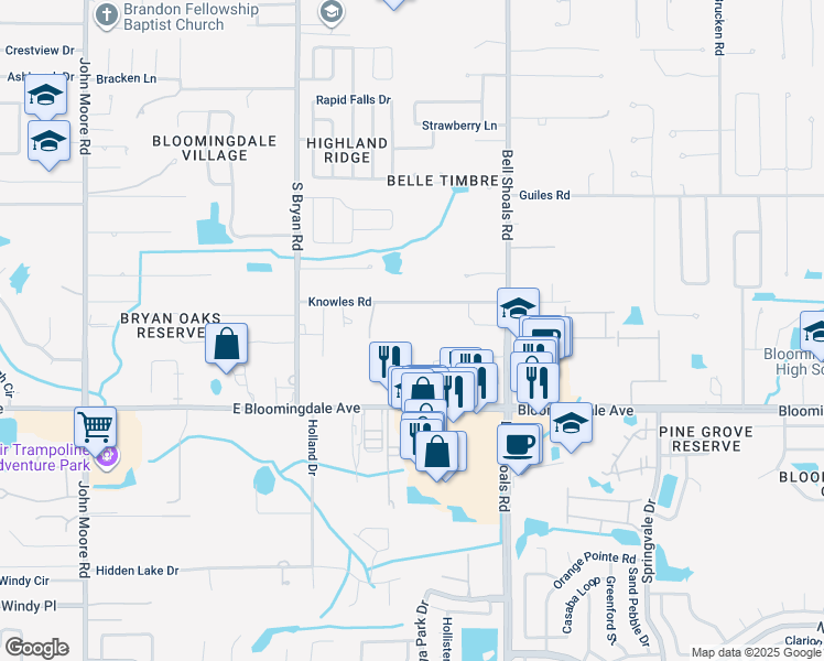 map of restaurants, bars, coffee shops, grocery stores, and more near 801 Knowles Road in Brandon