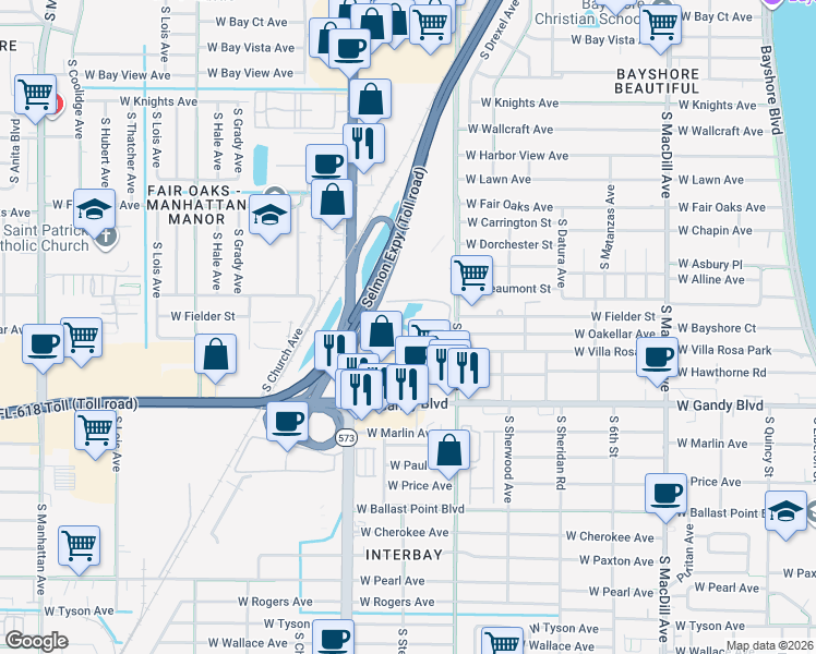 map of restaurants, bars, coffee shops, grocery stores, and more near 4711 South Himes Avenue in Tampa