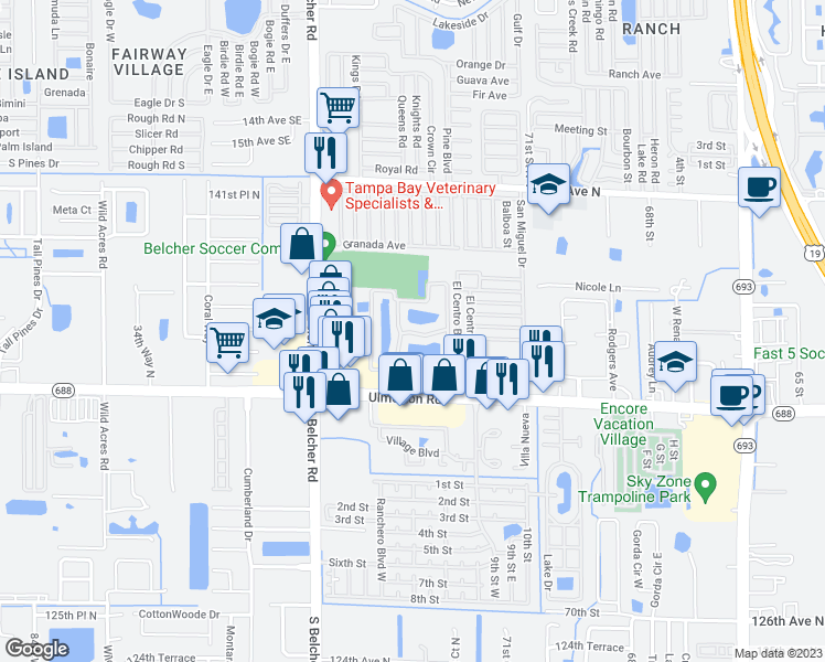 map of restaurants, bars, coffee shops, grocery stores, and more near 1100 Monterey Lakes Drive in Largo