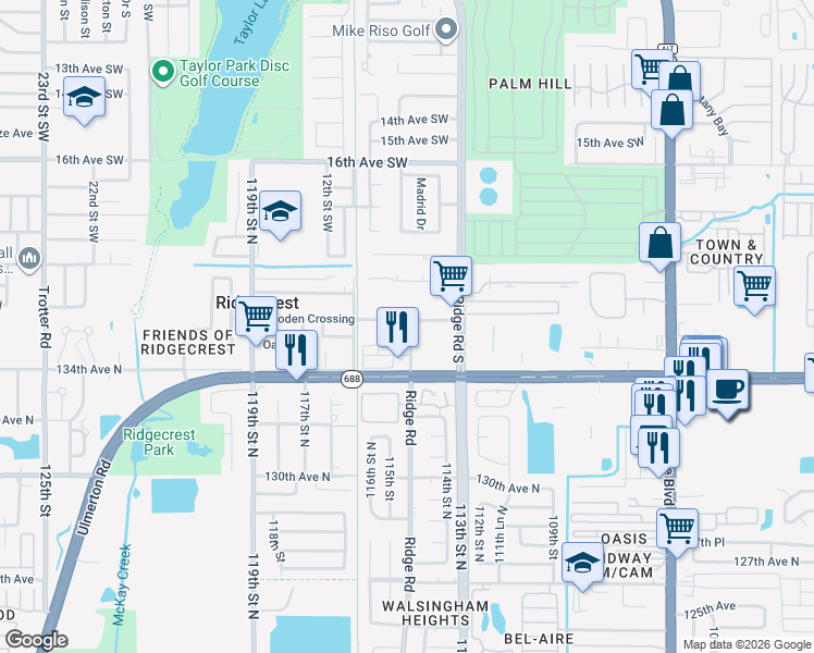 map of restaurants, bars, coffee shops, grocery stores, and more near 11351 Ulmerton Road in Largo