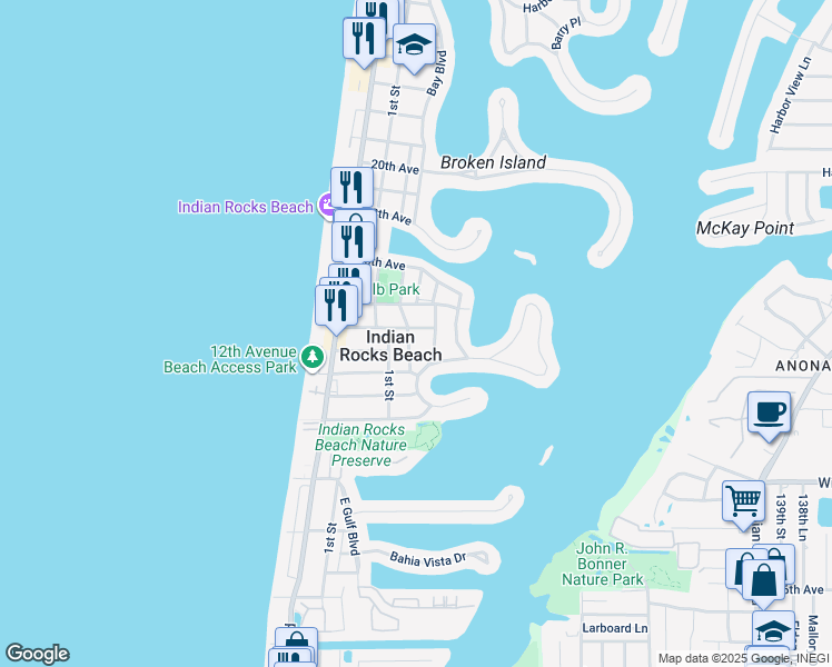 map of restaurants, bars, coffee shops, grocery stores, and more near 1404 Bay Pine Boulevard in Indian Rocks Beach