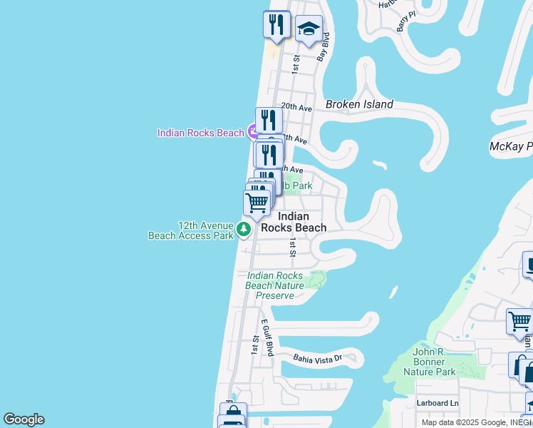 map of restaurants, bars, coffee shops, grocery stores, and more near 108 14th Avenue North in Indian Rocks Beach