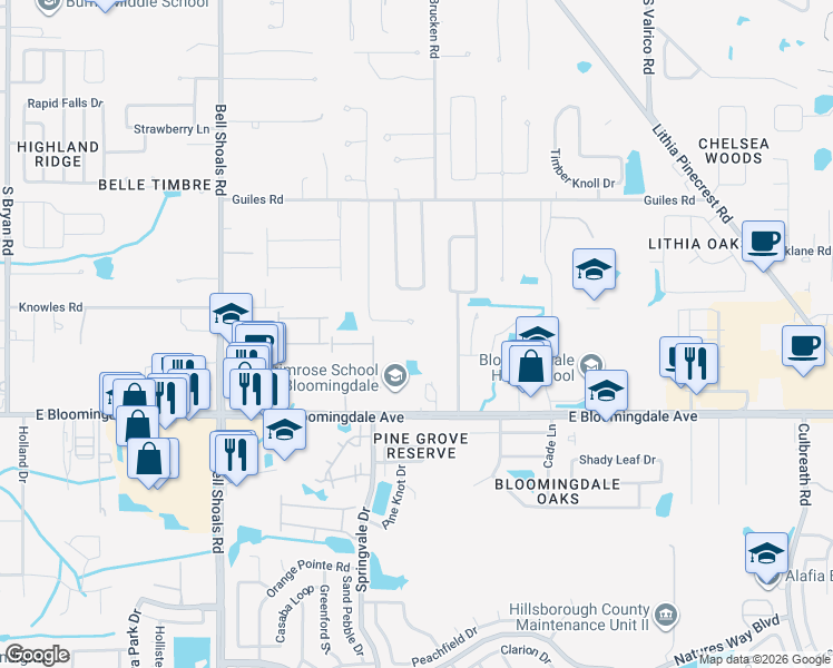map of restaurants, bars, coffee shops, grocery stores, and more near 3042 Colonial Ridge Drive in Brandon