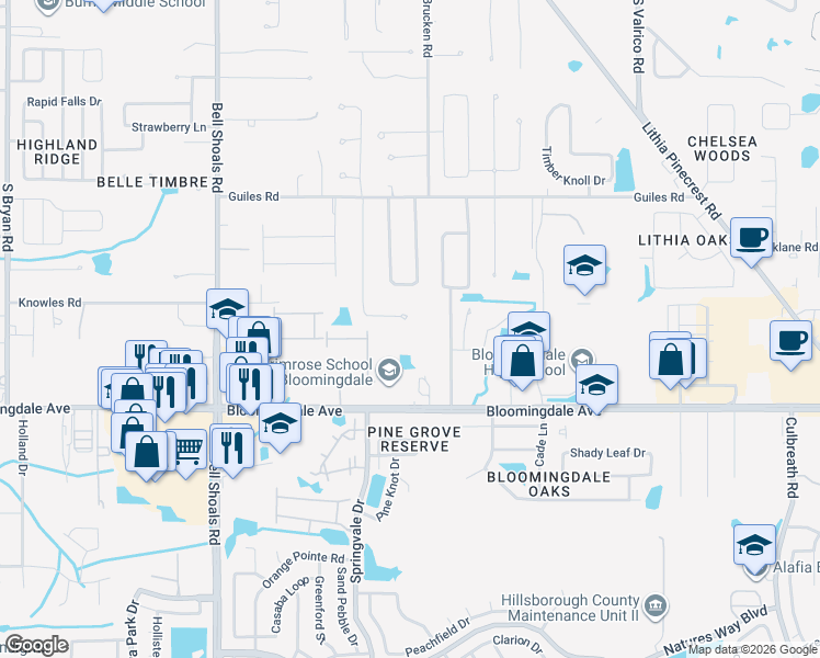 map of restaurants, bars, coffee shops, grocery stores, and more near 3043 Colonial Ridge Drive in Brandon