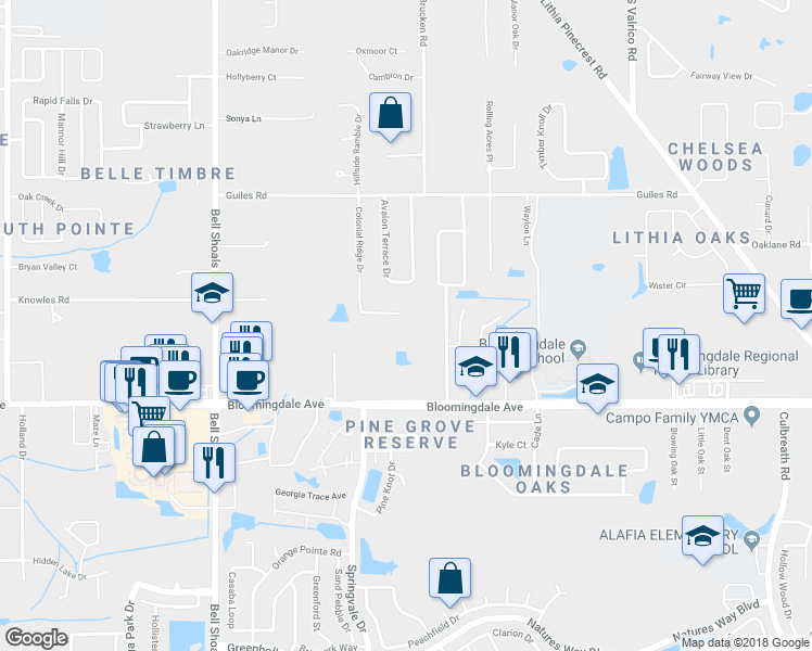 map of restaurants, bars, coffee shops, grocery stores, and more near 3042 Colonial Ridge Drive in Brandon