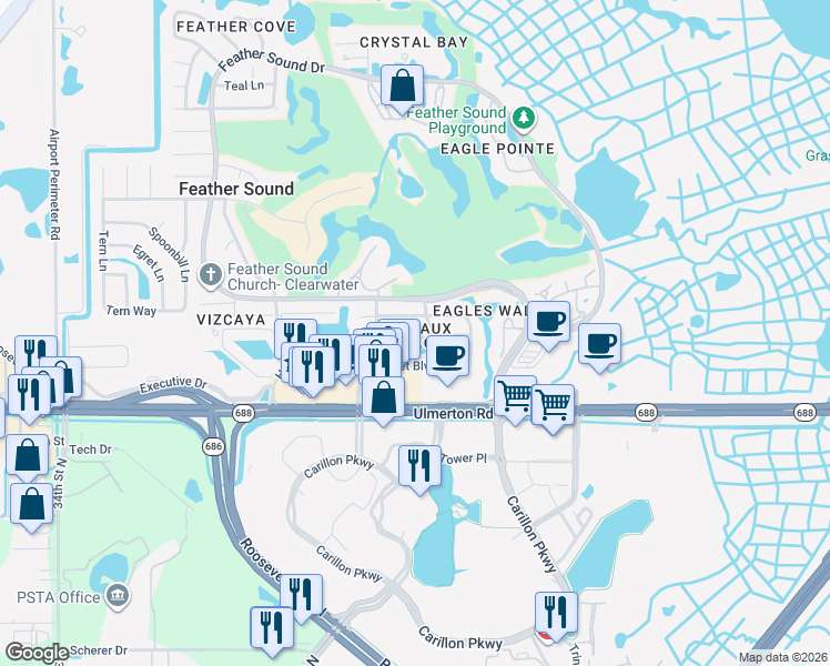map of restaurants, bars, coffee shops, grocery stores, and more near 2460 Heron Terrace in Clearwater