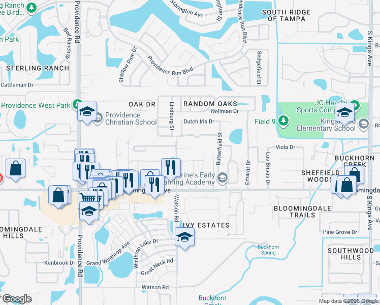 map of restaurants, bars, coffee shops, grocery stores, and more near 5606 Watson Road in Riverview