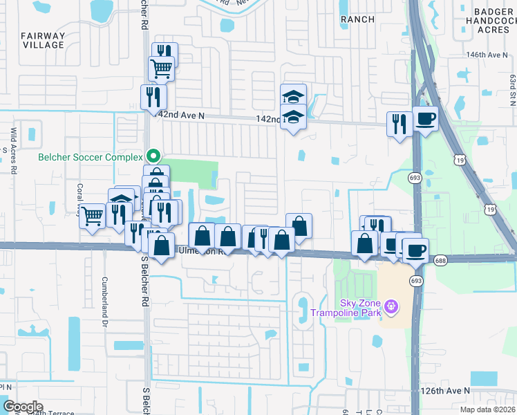 map of restaurants, bars, coffee shops, grocery stores, and more near 7349 Ulmerton Road in Largo