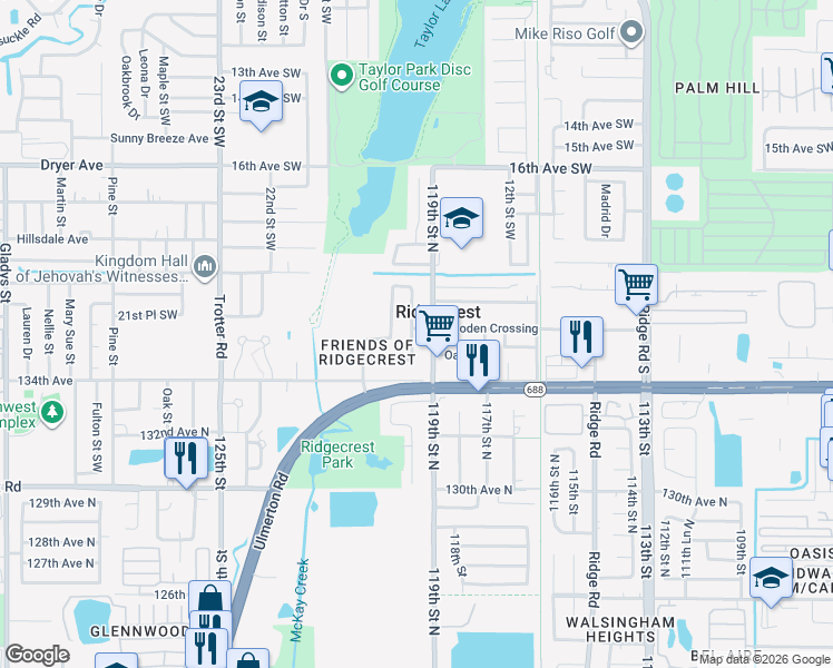 map of restaurants, bars, coffee shops, grocery stores, and more near 13589 120th Street North in Largo