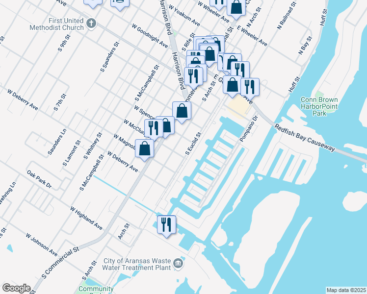 map of restaurants, bars, coffee shops, grocery stores, and more near 237 East Spencer Avenue in Aransas Pass