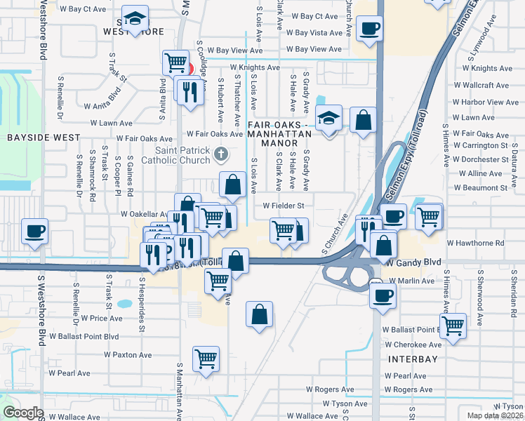 map of restaurants, bars, coffee shops, grocery stores, and more near 4107 West Fielder Street in Tampa