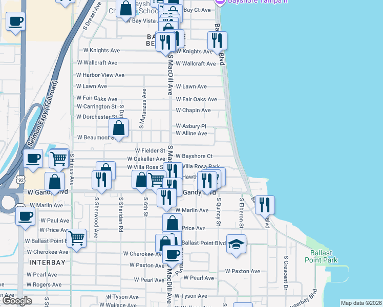 map of restaurants, bars, coffee shops, grocery stores, and more near 2924 West Coachman Avenue in Tampa