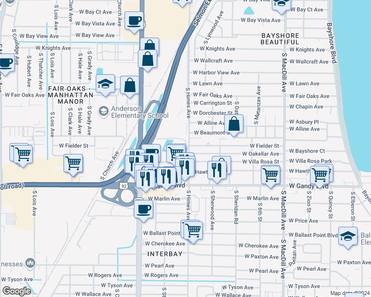 map of restaurants, bars, coffee shops, grocery stores, and more near 4711 South Himes Avenue in Tampa