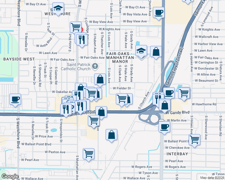 map of restaurants, bars, coffee shops, grocery stores, and more near 4107 West Fielder Street in Tampa