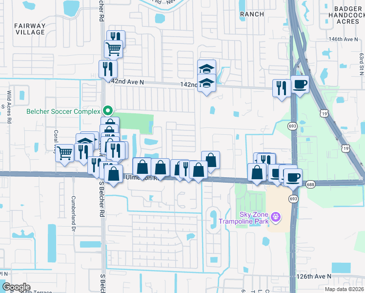 map of restaurants, bars, coffee shops, grocery stores, and more near 7349 Ulmerton Road in Largo