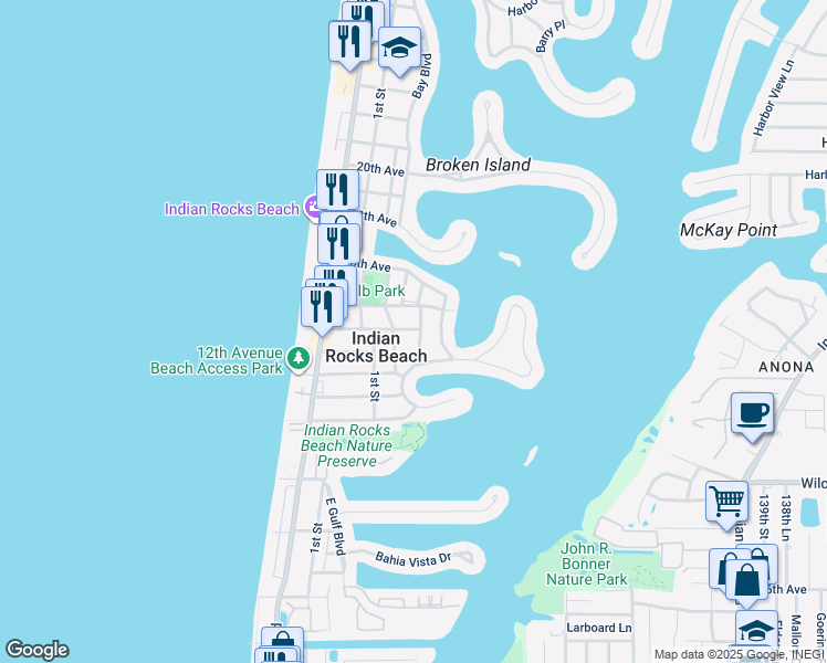 map of restaurants, bars, coffee shops, grocery stores, and more near 1404 Bay Pine Boulevard in Indian Rocks Beach