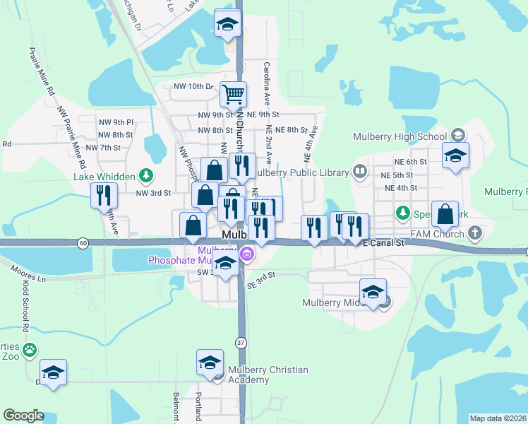 map of restaurants, bars, coffee shops, grocery stores, and more near 305 Northeast 1st Avenue in Mulberry