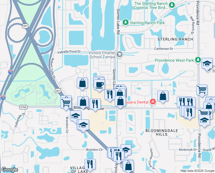 map of restaurants, bars, coffee shops, grocery stores, and more near 10217 Pink Palmata Court in Riverview