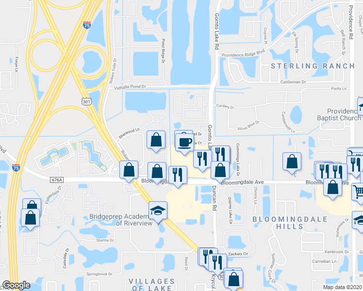 map of restaurants, bars, coffee shops, grocery stores, and more near 10129 Pink Palmata Court in Riverview