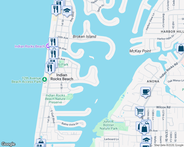 map of restaurants, bars, coffee shops, grocery stores, and more near 410 12th Avenue in Indian Rocks Beach