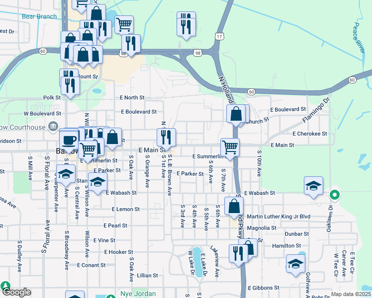 map of restaurants, bars, coffee shops, grocery stores, and more near 1040 East Main Street in Bartow